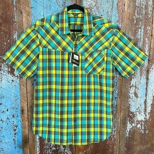 Eddie Bauer Mens M SS Reroute Shirt Bark Green Blue Button Down NWT Size Large